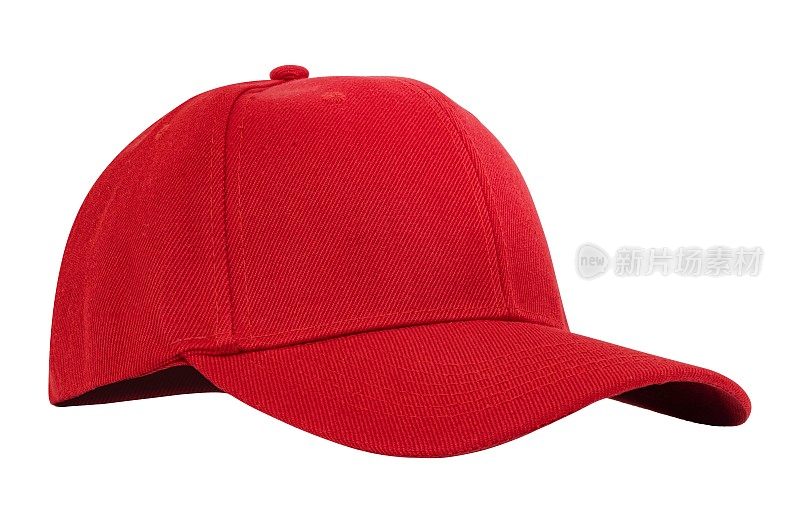棒球帽红色，白色背景的股票照片。特写的时尚红帽子孤立在白色背景。3/4查看空白红色棒球帽-隔离在白色库存照片